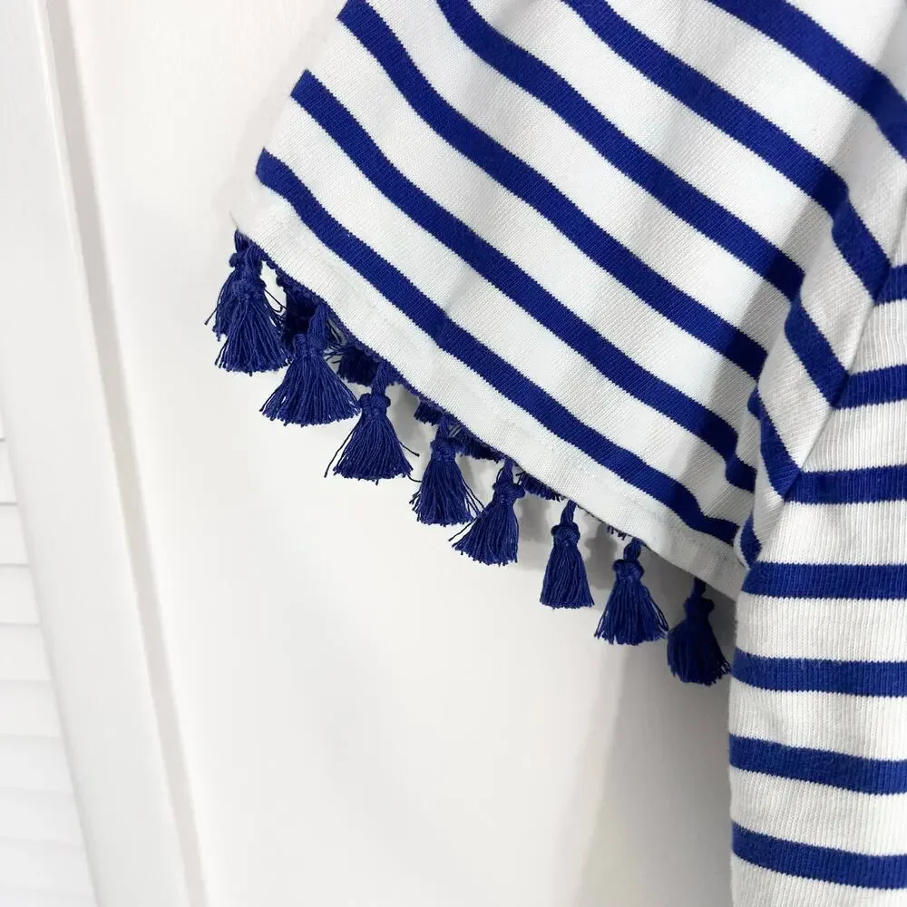Kate Spade Broome Street Flutter Sleeve Top Tassels‎ Striped | Blue White | SZ L